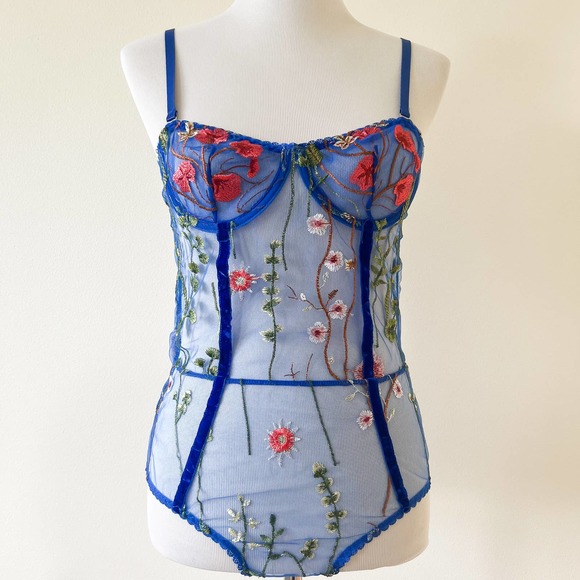 SHEIN Other - Blue Embroidered Floral One Piece Lingerie Size M
